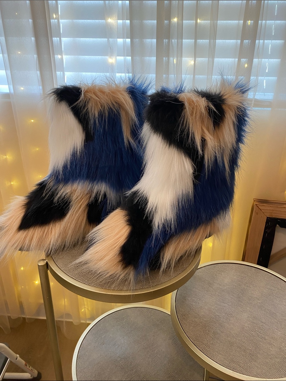 Faux Fur Boot Slippers in Navy, Blush & Black - Picture 2 of 3